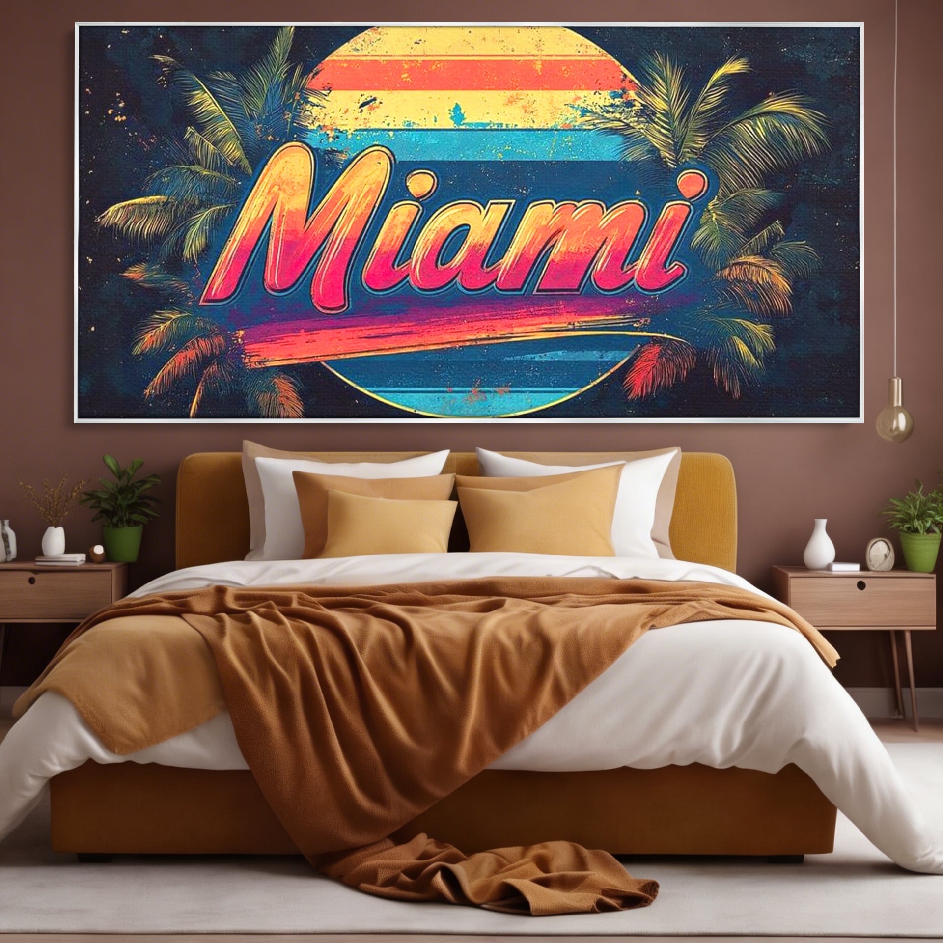 Tablou canvas cu ilustratie retro miami cu soare si palmieri, in rama de aluminiu argintiu, pe perete intr-un dormitor